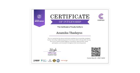 Anamika Thadayus | Internship Certificate Corizo | Corizo Edutech