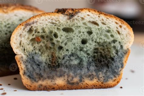 AI generated Mold on food, close-up of a slice of white bread and harmful dangerous spores of ...