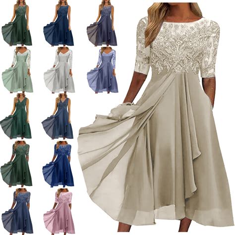 Feancey Sales Today Wedding Guest Midi Dresses for Women Elegant Half Sleeve Round Neck A-line ...