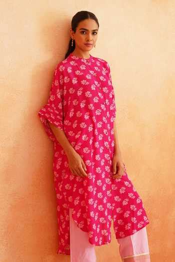 Buy Pink Crepe, Cotton Round Neck Maya Floral Print Cape Tunic And Pant ...