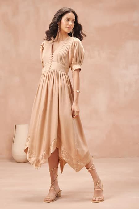 Buy Beige Modal, Satin Embroidery V-neck Amelia Asymmetric Hem Midi ...