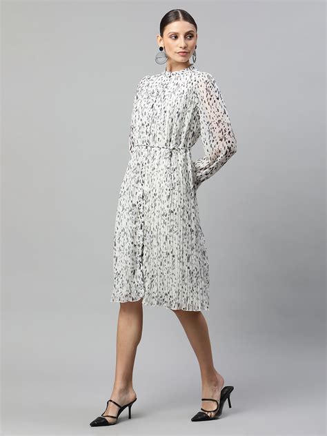 Buy Women White Mandarin Collared Black Polka Dots Dress - Global Republic