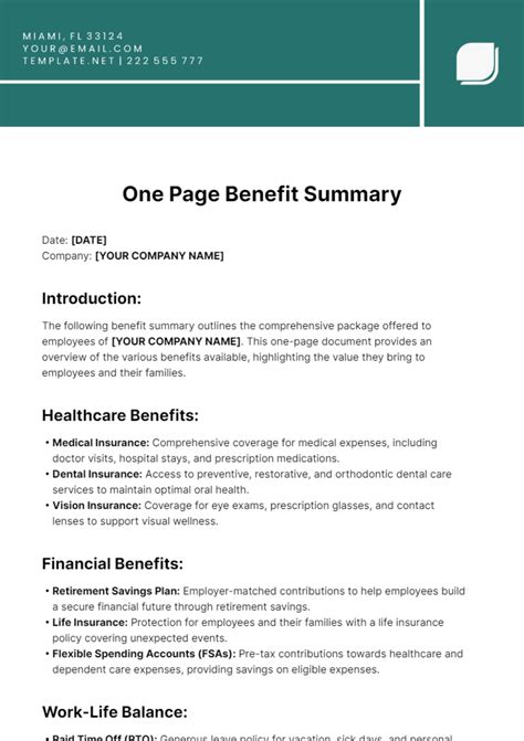 Free One Page Benefit Summary Template to Edit Online