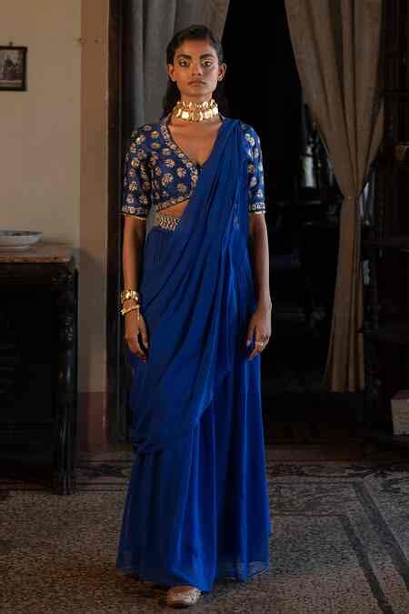 Buy Blue Georgette, Tussar, Silk Sequins, Zari, Pre-stitched Saree With ...