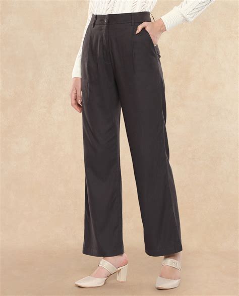 Rareism Women's Kekilli Grey Polyester Plain Ankle Length Wide Trouser