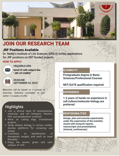 JOIN Dr. REDDY'S INSTITUTE OF LIFE SCIENCES RESEARCH TEAM as JRF