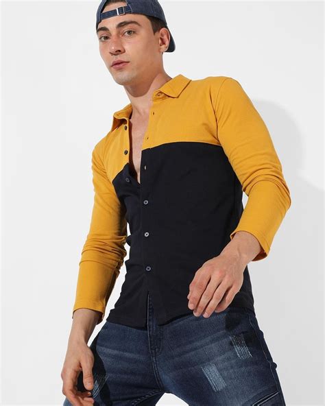 Buy Men's Mustard Yellow Color Block Shirt for Men Yellow Online at ...