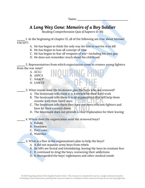A Long Way Gone: Memoirs of a Boy Soldier by Ishmael Beah Quiz and Answer Key Bundle — Inquiring ...