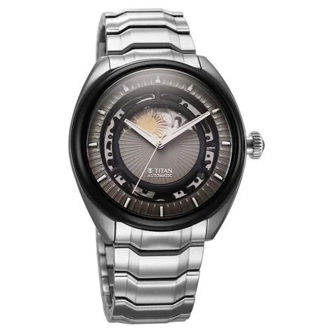 Titan Stellar Automatic Sun Moon Phase Grey Dial Stainless Steel Strap ...