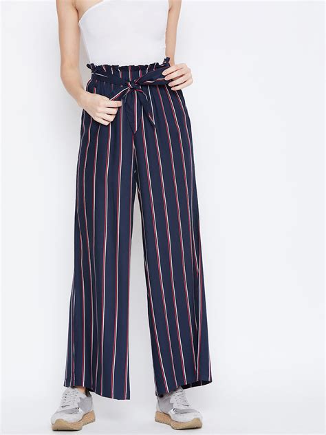 Berrylush Women Navy Blue & Red Striped Pattern Waist Tie-Up Mid-Rise