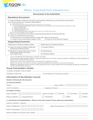 Fillable Online Affinity Group Claim Death Intimation Form copy Fax ...