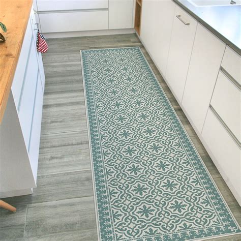 Green Vinyl Rug Runner. Kitchen Floor Mat With Vintage Tiles - Etsy ...