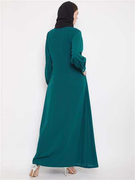 Nabia Women Bottle Green Solid Front Open Abaya With Georgette Scarf.