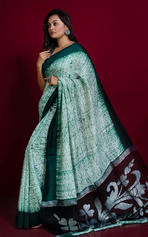 Pure Handloom Matka Shibori Jamdani Saree in Off White and Green ...
