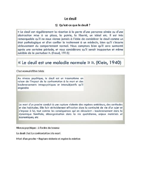 CM4 - psycho clinique - Le deuil 1) Qu’est-ce que le deuil? C’est normal d’être triste Niveau ...
