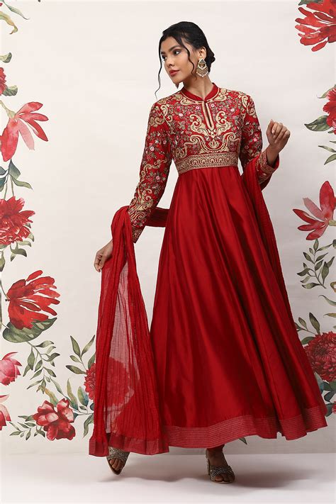 Rohit Bal Red Cotton Blend Anarkali Kurta Suit Set