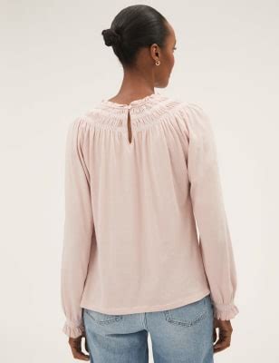 Pure Cotton Smocked Detail Long Sleeve Top