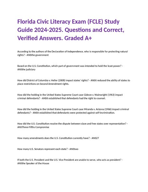 Florida Civic Literacy Exam (FCLE) Study Guide 2024-2025. Questions ...