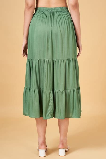 Green Embroidered Full Length Mid Rise Casual Women Relaxed Fit Skirts ...