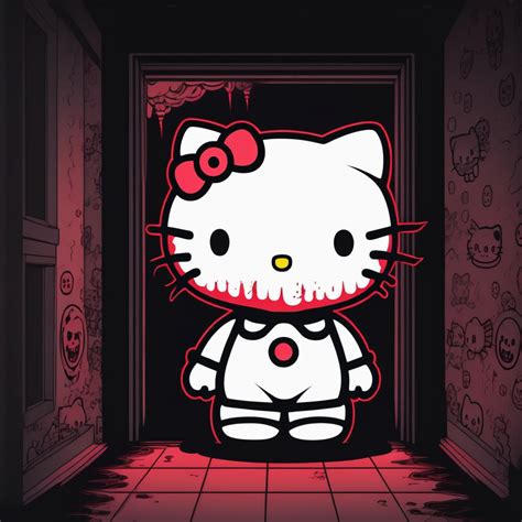 Scary demon Hello Kitty in dark room