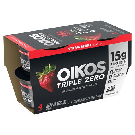 Oikos Triple Zero Strawberry Nonfat Greek Yogurt Pack, 0% Fat, Sugar ...