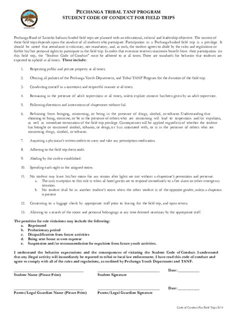 Fillable Online pechanga tribal tanf program student code of conduct ...