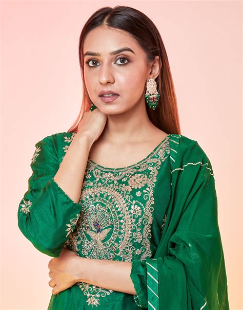 Bottle Green Embellished Sharara Suit Set With Gota Work – Roopkala