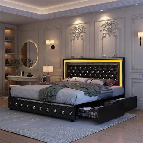 Queen Bed Frame With 4 Storage Drawers, LED Bed Frame With Remote ...