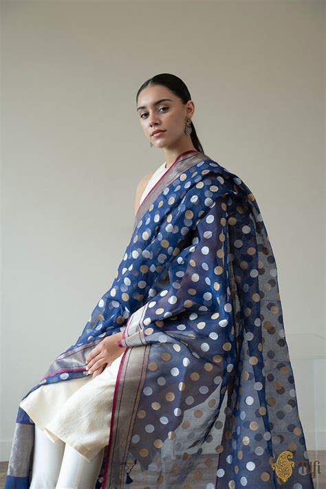 Navy Blue Pure Cotton Silk Banarasi Handloom Dupatta - Tilfi
