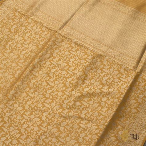 Mustard Pure Katan Silk Banarasi Shikargah Handloom Saree - Tilfi