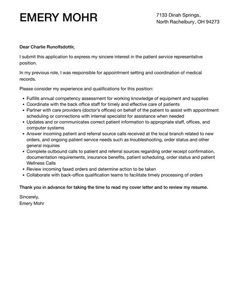 Patient Service Representative Cover Letter | Velvet Jobs