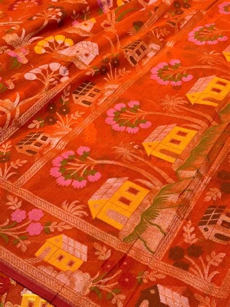 Vibrant Burnt Orange Banarasi cotton Jamdani handloom Saree – Heritage ...