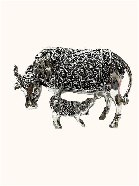 Kamdhenu Cow and Calf idol- 925 Pure Silver – Shining Silver.in