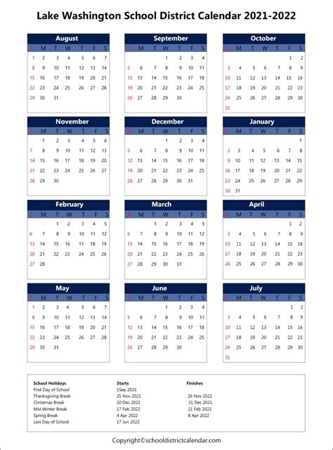 Lake Washington School District Calendar 2022-21 2024 - Schoolcalendars.net
