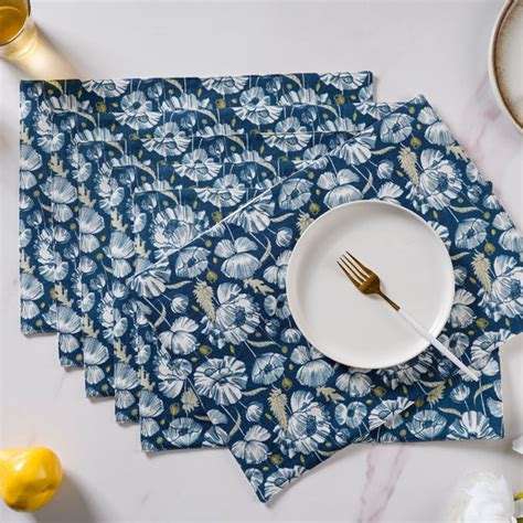 Floral Dining Cotton Printed Table Mat Royal Blue Set Of 6 Online ...