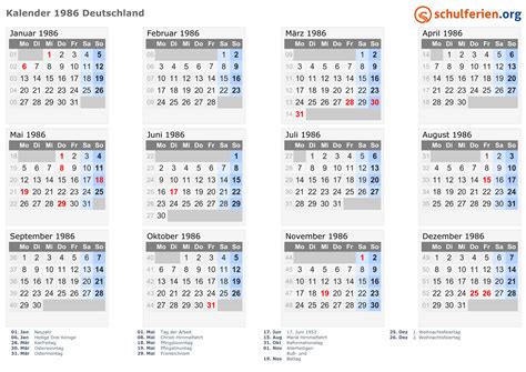 Kalender Deutschland 1986 mit Feiertage