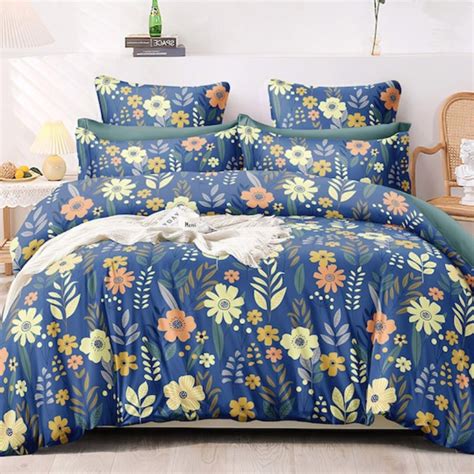 Premium Blue Floral Glace Cotton 300 TC King Bedsheet with 2 Pillow Co ...