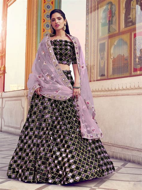 Black Designer Sequins Semi Stitched Lehenga With Unstitched