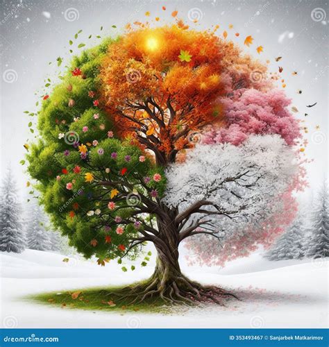 Four Seasons Tree a Single Tree that Simultaneously Displays the Stock Illustration ...