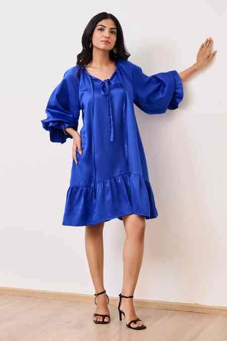 Buy Blue Cotton Satin Round Short Dress For Women by MoonTara Online at ...