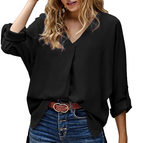 Black Womens Blouses Womens Summer 3/4 Bell Sleeve V Neck Chiffon Soft ...