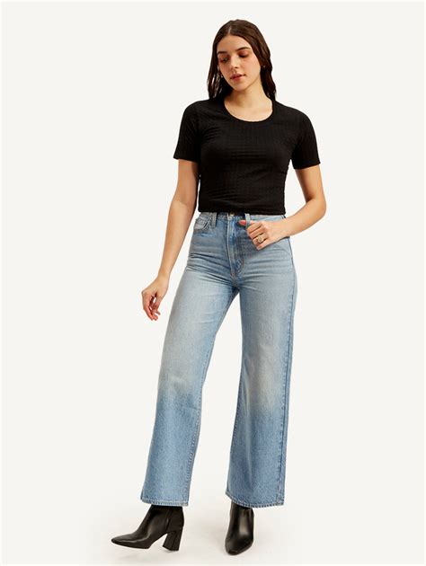 Women's Light Blue Ribcage Bell Bottom Wide Leg Fit High Rise Jeans ...