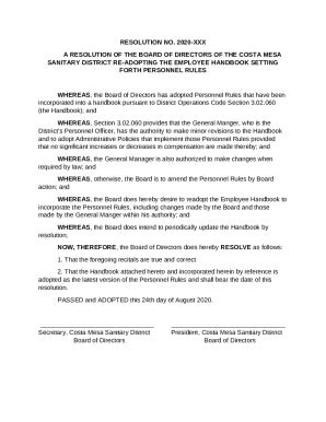 Resolution Adopting Employee Handbook. ... Doc Template | pdfFiller