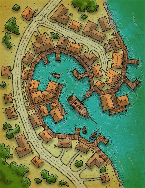 Fantasy City Map: Aerial View of a Small Town by the Water