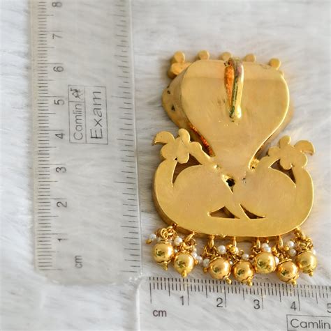 Gold tone pink-green-white kundan jadau kalinga narthana krishna penda ...