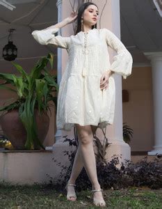 Fourleaf Women Fit and Flare White Above Knee/Mid Thigh Length Dress ...