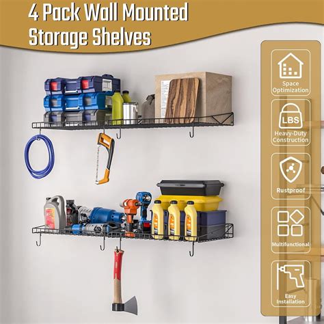 aduiopbnk 4 Pack Garage Wall Shelf Garage Wall Mounted Heavy Duty Floating Shelves With 8 Hooks ...