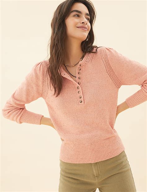Buy Cotton Rich Textured Button Detail Jumper at Marks & Spencer