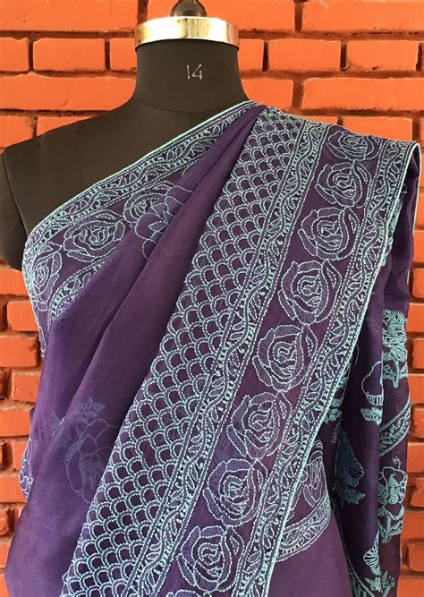 Navy Blue Pure Silk Organza Tepchi Pure Chikankari Saree – Mohi fashion