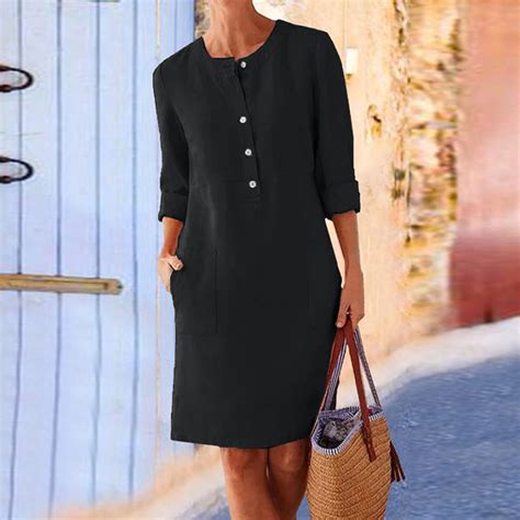 CALAFEBILA Summer Dress Long Sleeve Solid Color Knee Length Shirt Dress ...